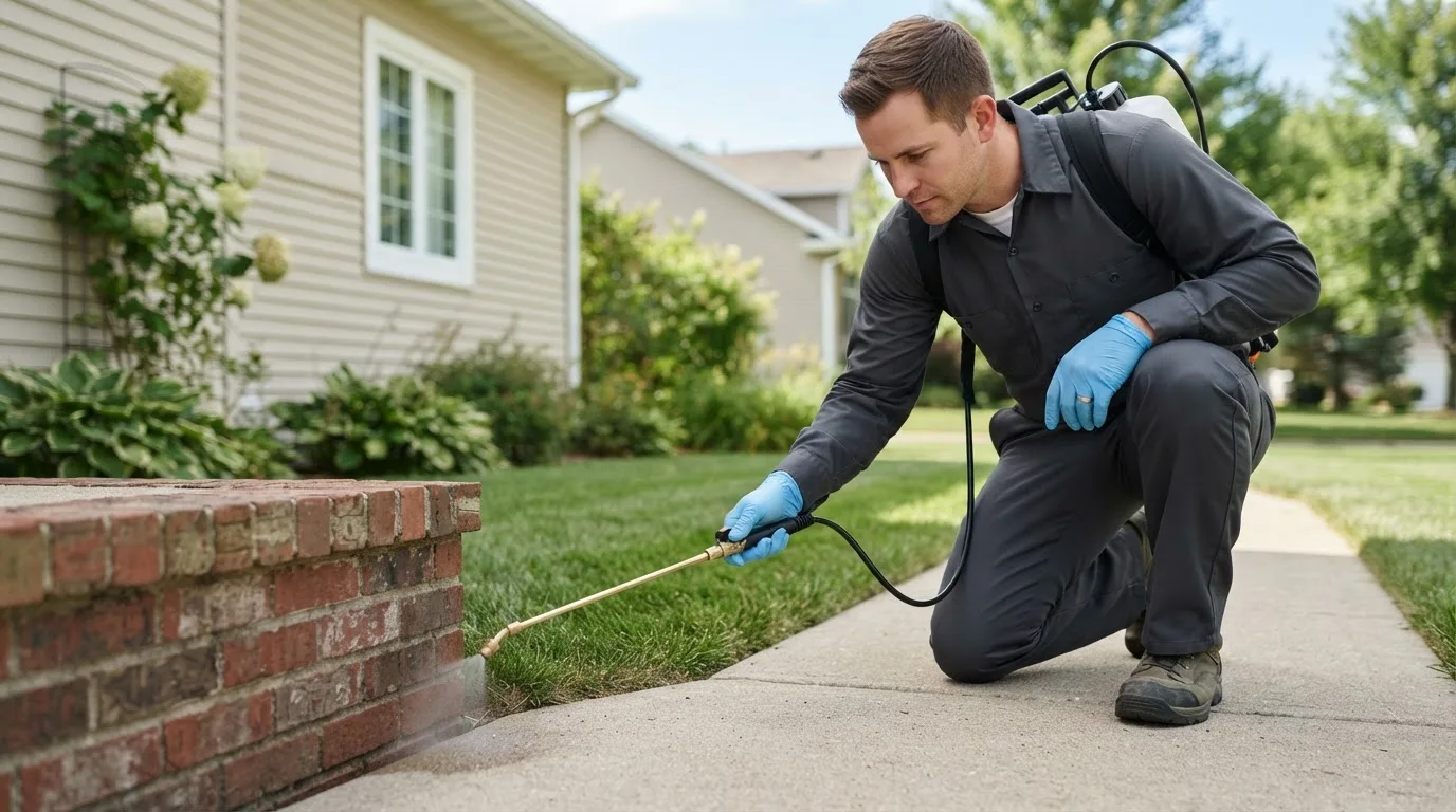 Pest control technician treating a home near Wenham, MA